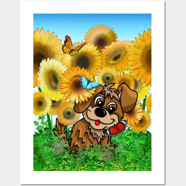 Cute puppy with butterflies in a sunflower field Wall Art by cuisinecat